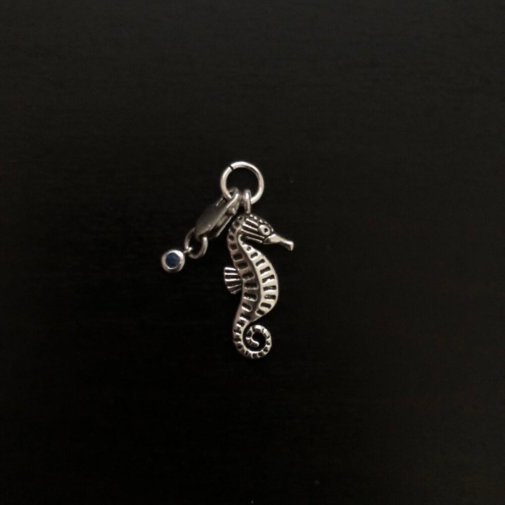 Seahorse - Silver Tone Pendant Charm + Blue Stone Lobster Clasp
